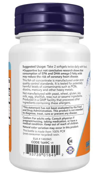 NOW Foods Omega-3, 30 softgels, left side of bottle