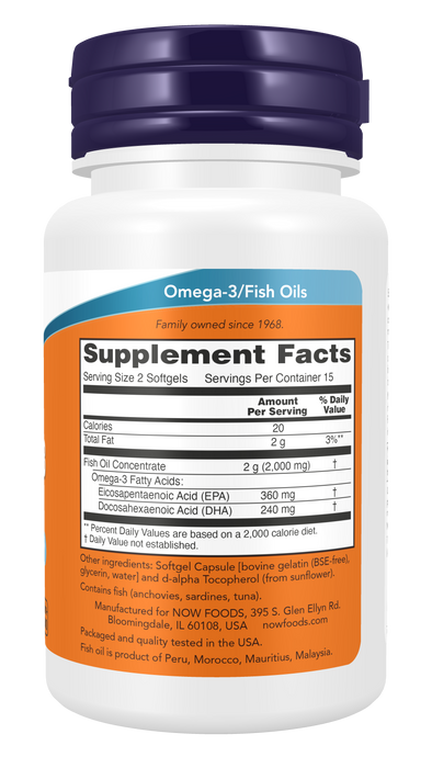 NOW Foods Omega-3, 30 softgels, right side of bottle