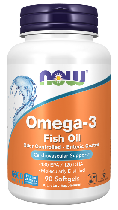 NOW Foods Omega-3 Enteric Coated, 90 softgels, front of bottle