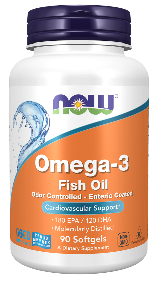 NOW Foods Omega-3 Enteric Coated, 90 softgels, front of bottle