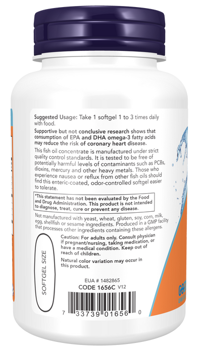 NOW Foods Omega-3 Enteric Coated, 90 softgels, back label
