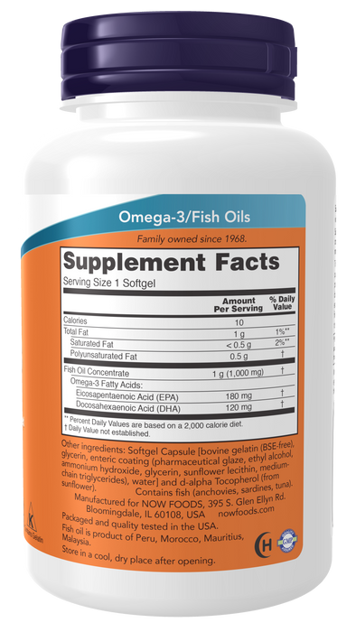 NOW Foods Omega-3 Enteric Coated, 90 softgels, supplement facts label