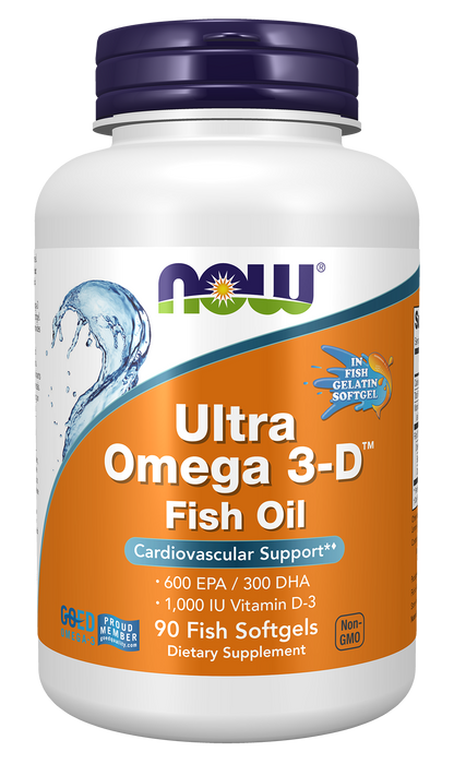 NOW Foods Ultra Omega 3-D, 90 fish softgels, front of bottle