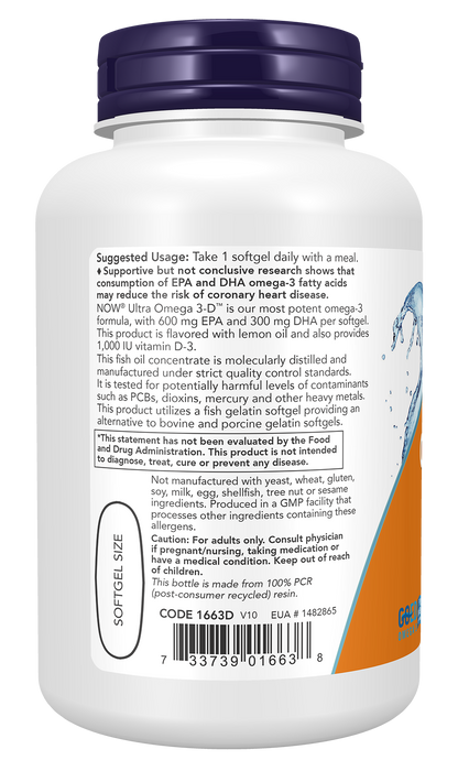 NOW Foods Ultra Omega 3-D, 90 fish softgels, left side ingredient label