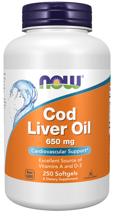 NOW Foods Cod Liver Oil 650 mg, 250 Softgels, front of bottle