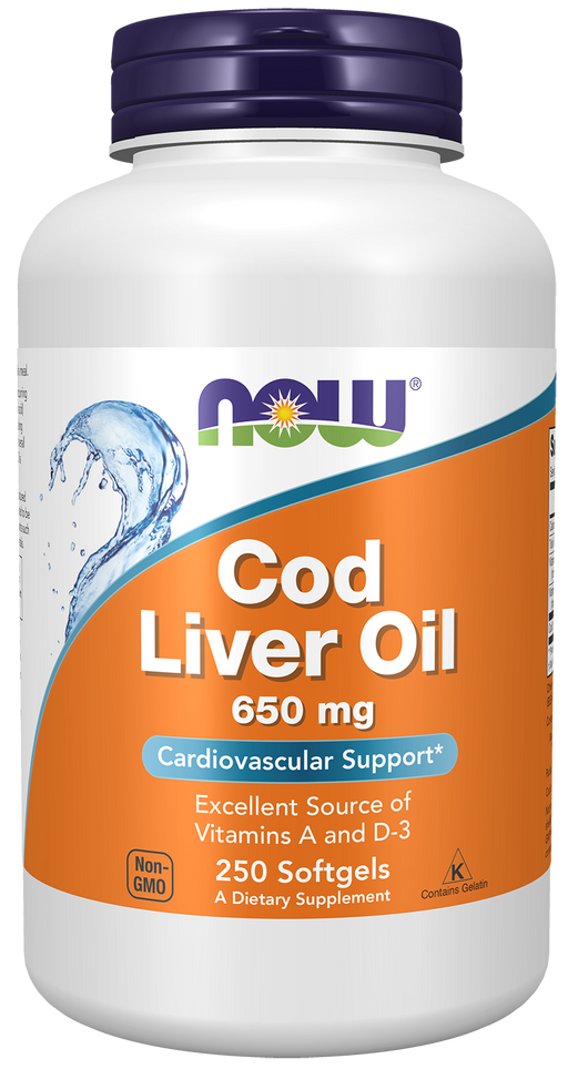 NOW Foods Cod Liver Oil 650 mg, 250 Softgels, front of bottle