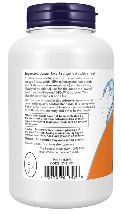 NOW Foods Cod Liver Oil 650 mg, 250 Softgels, left side of bottle