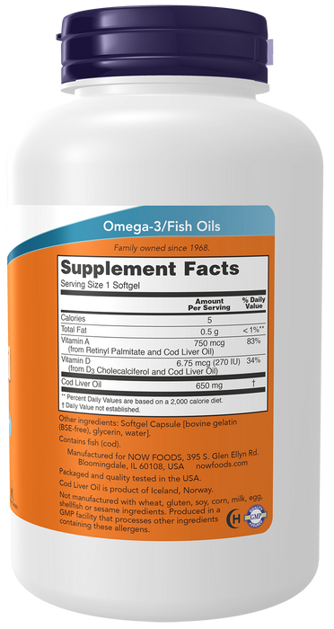 NOW Foods Cod Liver Oil 650 mg, 250 Softgels, right side of bottle