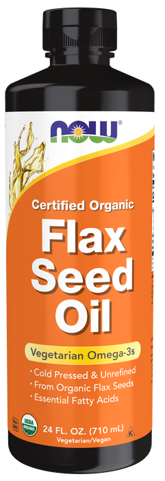 NOW Foods Flax Seed Oil Liquid, Organic, 24 fl oz, front of bottle