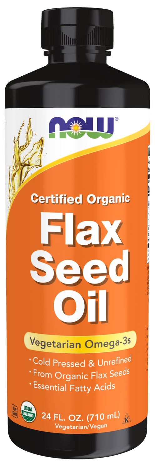 NOW Foods Flax Seed Oil Liquid, Organic, 24 fl oz, front of bottle