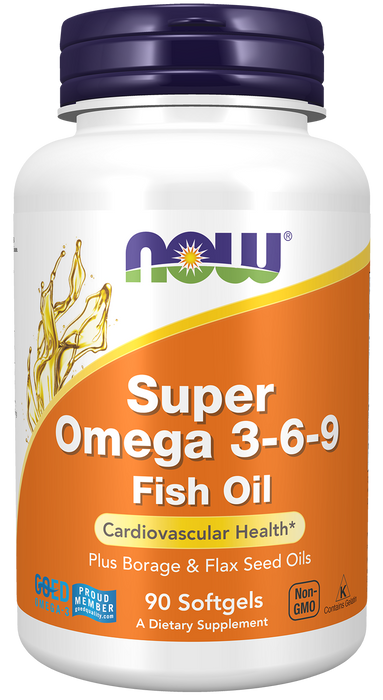 NOW Foods Super Omega 3-6-9 1200mg, 90 softgels, front of bottle