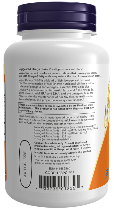 NOW Foods Super Omega 3-6-9 1200mg, 90 softgels, left side of bottle