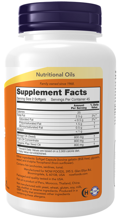 NOW Foods Super Omega 3-6-9 1200mg, 90 softgels, right side of bottle showing supplement facts