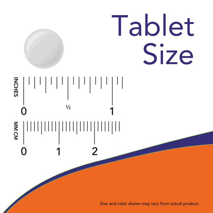 NOW Foods Zinc 50 mg tablet size comparison graphic showing tablet measurement scale