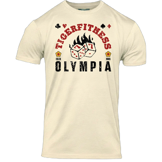 2026 Olympia T-Shirt in Cream with red TIGERFITNESS arch, flaming lucky sevens dice and black OLYMPIA lettering