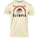 2026 Olympia T-Shirt in Cream with red TIGERFITNESS arch, flaming lucky sevens dice and black OLYMPIA lettering