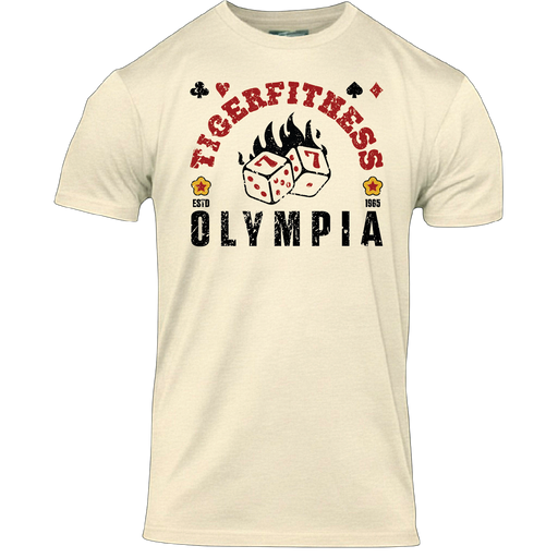2026 Olympia T-Shirt in Cream with red TIGERFITNESS arch, flaming lucky sevens dice and black OLYMPIA lettering