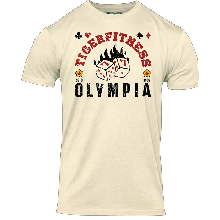 2026 Olympia T-Shirt in Cream with red TIGERFITNESS arch, flaming lucky sevens dice and black OLYMPIA lettering