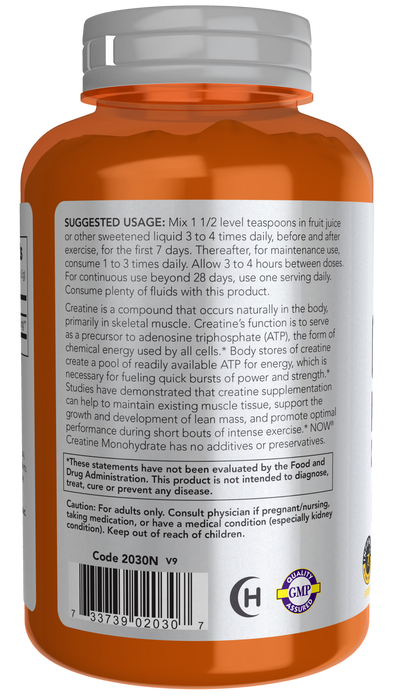 NOW Foods Creatine Monohydrate Powder, 8 oz, supplement facts label, left side