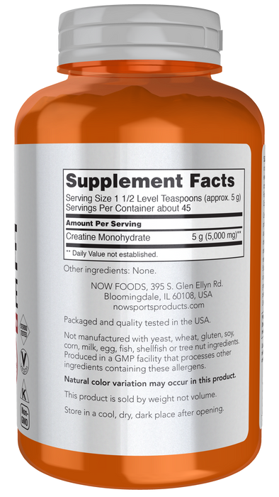 NOW Foods Creatine Monohydrate Powder, 8 oz, supplement facts label, right side