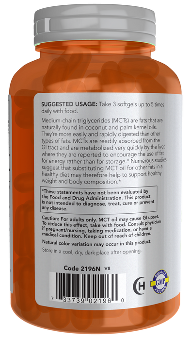 NOW Foods MCT Oil 1000 mg Softgels, back of bottle label
