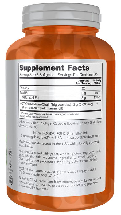NOW Foods MCT Oil 1000 mg Softgels, supplement facts label