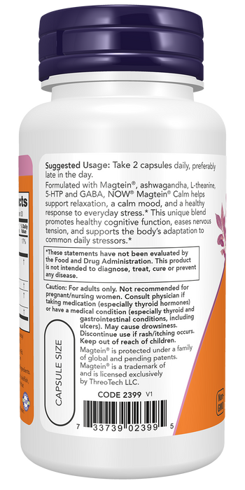 NOW Foods Magtein Calm, 60 veg capsules, left angle of bottle
