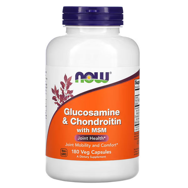 NOW Foods Glucosamine & Chondroitin with MSM dietary supplement bottle, 180 veg capsules