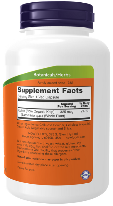 NOW Foods Kelp, 250 Veg Capsules, supplement facts label, side of bottle