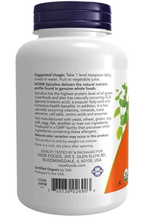 NOW Foods Organic Spirulina Powder, 4 oz, additional bottle label view