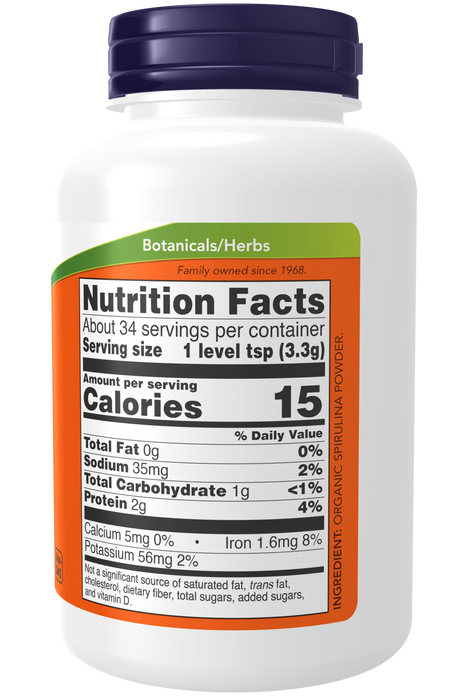 NOW Foods Organic Spirulina Powder, 4 oz, bottle label showing supplement facts