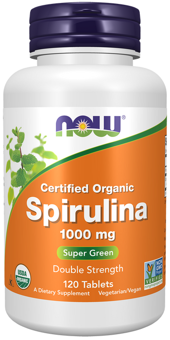 NOW Foods Spirulina Double Strength Organic 1000mg, 120 tablets, front of bottle