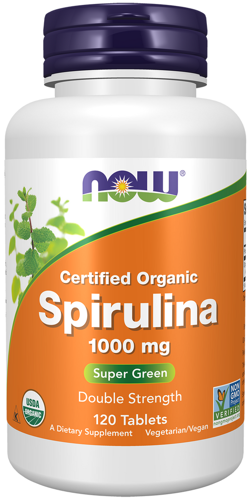 NOW Foods Spirulina Double Strength Organic 1000mg, 120 tablets, front of bottle