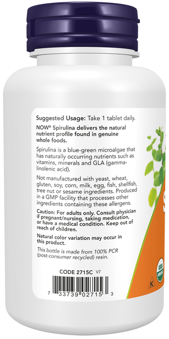 NOW Foods Spirulina Double Strength Organic 1000mg, 120 tablets, left side of bottle
