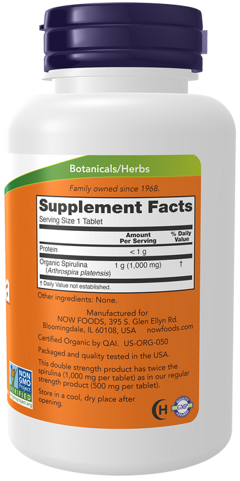 NOW Foods Spirulina Double Strength Organic 1000mg, 120 tablets, right side of bottle showing supplement facts