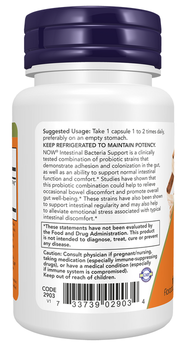 NOW Foods Intestinal Bacteria Support, 60 Veg Capsules, left side of bottle