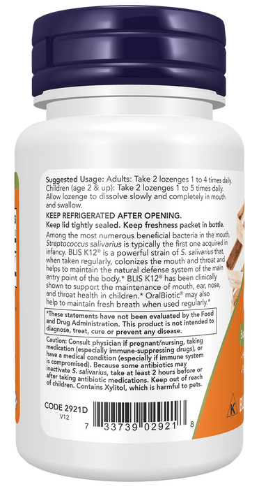 NOW Foods OralBiotic Lozenges, 60 lozenges, left side of bottle
