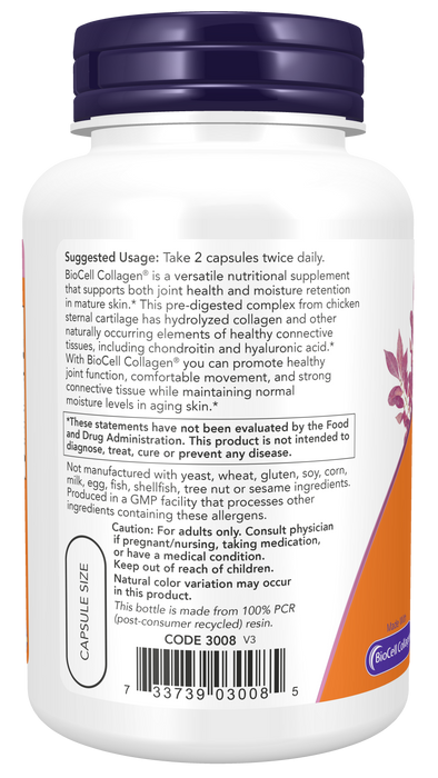 NOW Foods BioCell Collagen, 120 Veg Capsules, left side panel