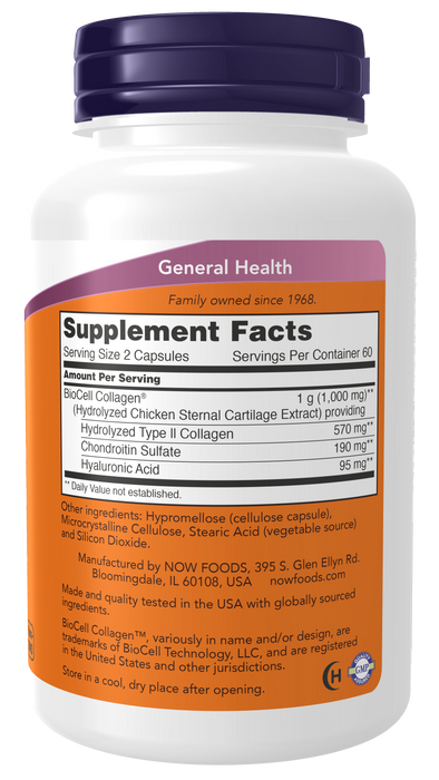 NOW Foods BioCell Collagen, 120 Veg Capsules, right side panel