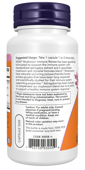 NOW Foods Mushroom Immune Renew Veg Capsules, left side label