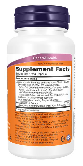 NOW Foods Mushroom Immune Renew Veg Capsules, right side label