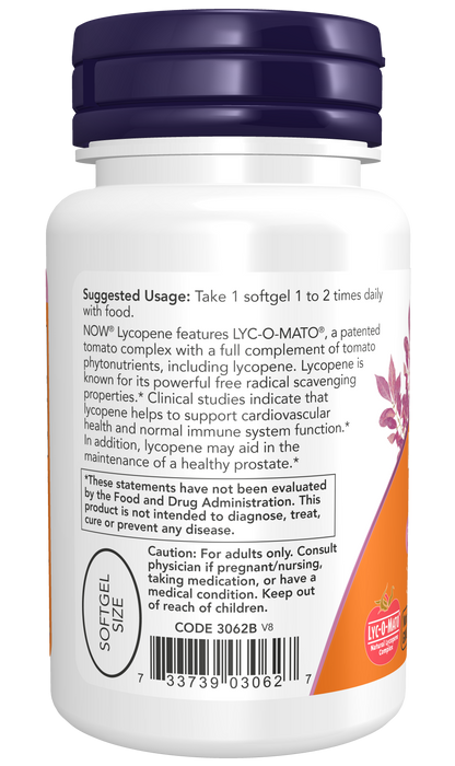 NOW Foods Lycopene 20 mg, 50 softgels, back of bottle label