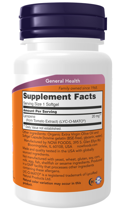NOW Foods Lycopene 20 mg, 50 softgels, supplement facts label