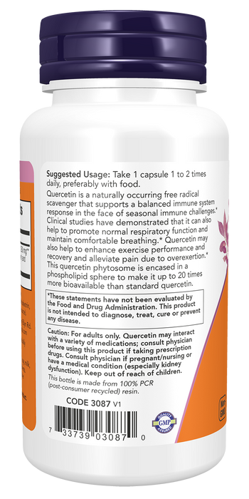 NOW Foods Quercetin Phytosome 250mg, 90 veg capsules, left side of bottle