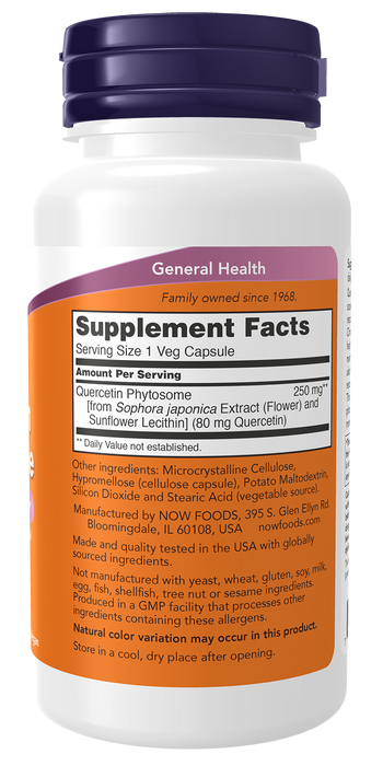 NOW Foods Quercetin Phytosome 250mg, 90 veg capsules, right side of bottle showing supplement facts