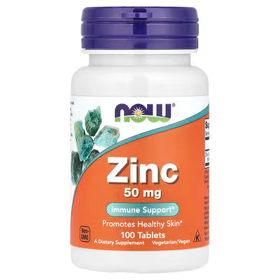 NOW Foods Zinc 50 mg 100 Tablets bottle angled front label promoting immune support and enzyme function