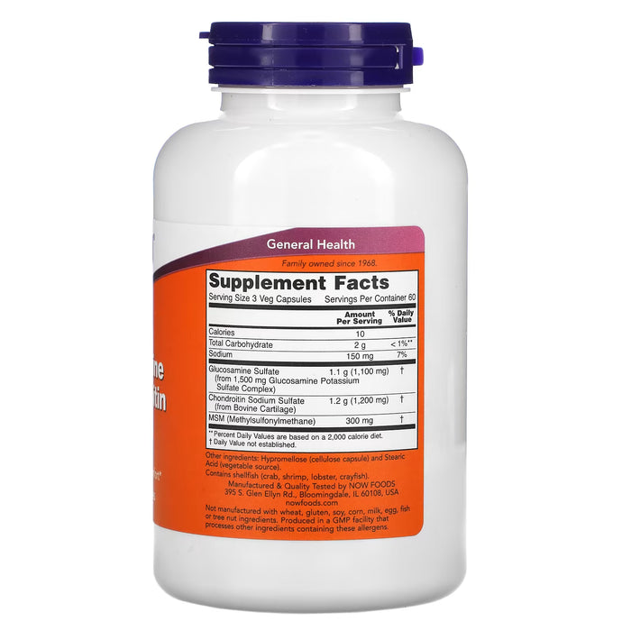 NOW Foods Glucosamine & Chondroitin with MSM 180 Veg Capsules label showing supplement information