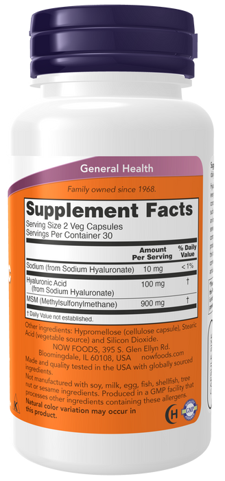 NOW Foods Hyaluronic Acid with MSM, supplement facts label, side of bottle