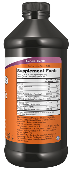 NOW Foods Hyaluronic Acid Liquid, 16 fl oz, supplement facts label, side of bottle