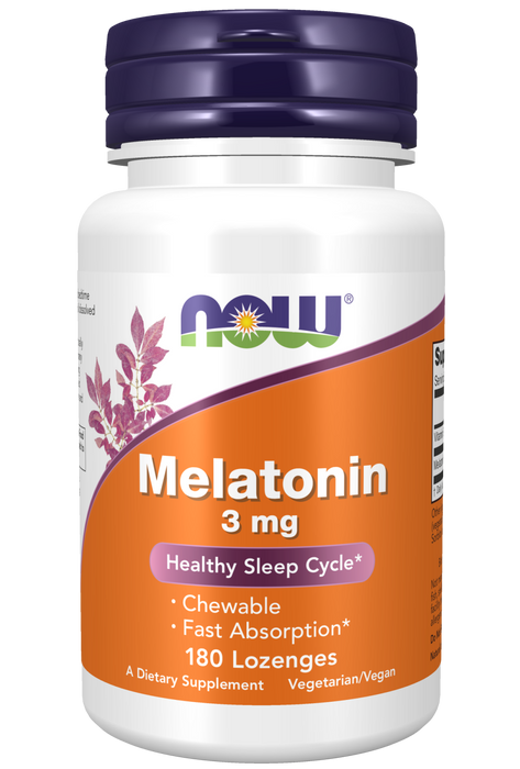 NOW Foods Melatonin 3 mg Lozenges, 180 count, front of bottle